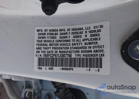 2020 Honda Civic Lx из США, поврежденный, VIN 19XFC2F67LE007760